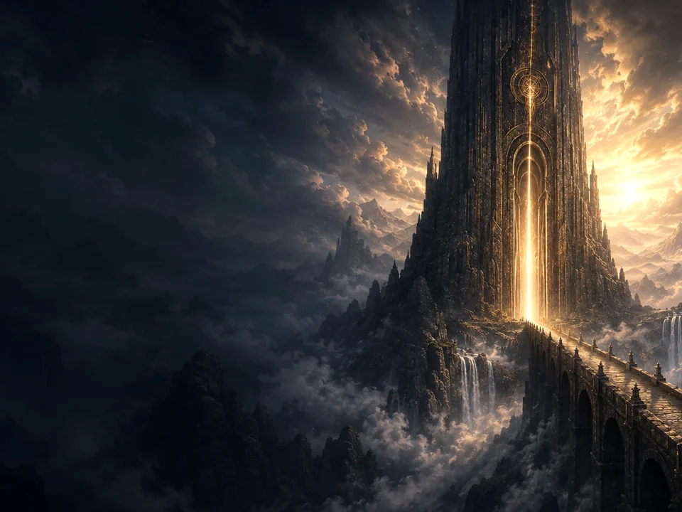 A luminous Gate rising through storm and cloud