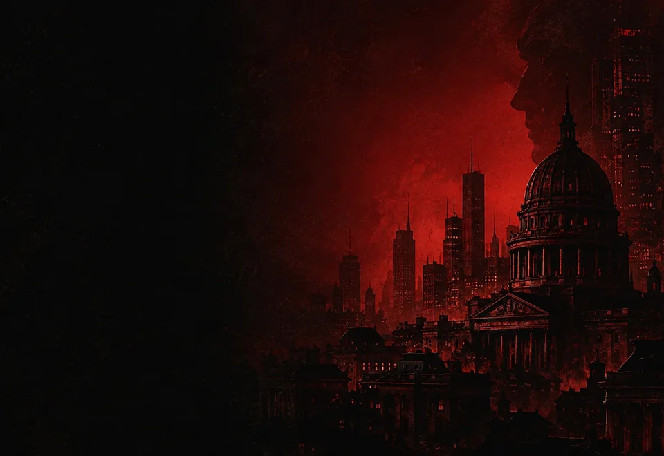 Dark towers representing hidden institutions