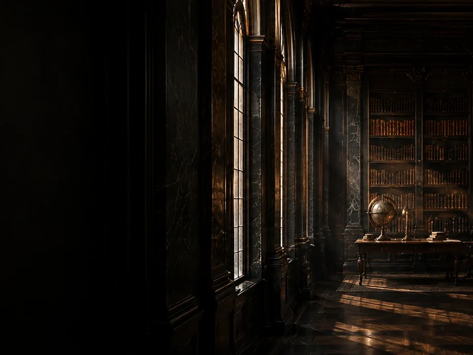 Shadowed old-world library interior